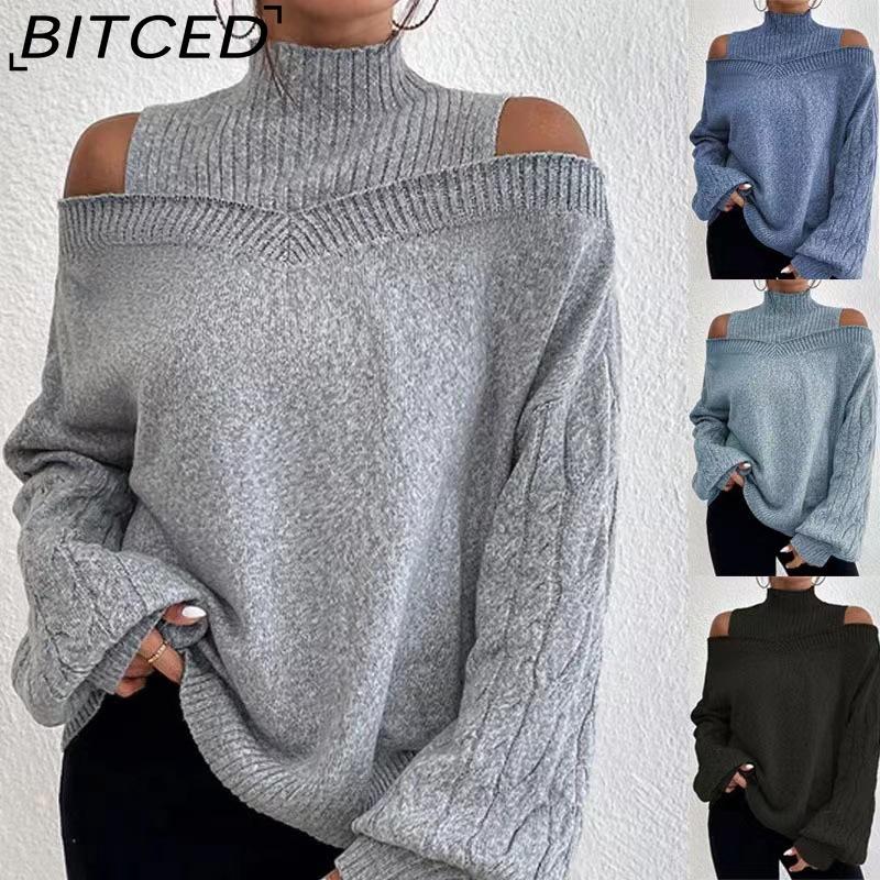 Damen Pullover mit offenen Schultern und halbem Stehkragen für Herbst/Winter - Gestricktes Oversize Top