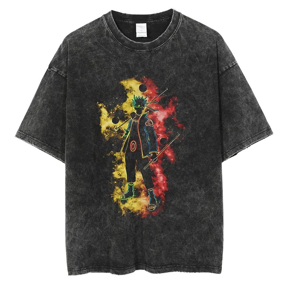 Men Streetwear Tshirt Japanese Anime Naruto Graphic TShirt Cotton Harajuku Washed T Shirt Summer Hip Hop Tops Tees Black