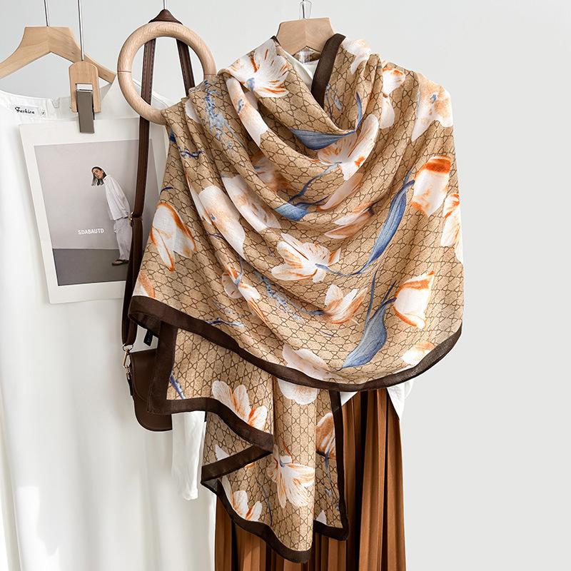 New printed silk scarf thin yarn scarf cotton and linen feel scarf women's autumn and winter high-end long warm shawl