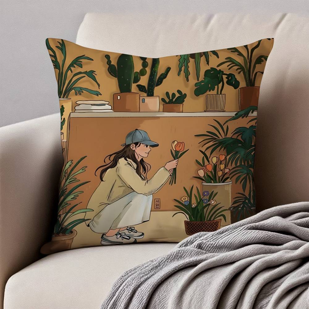 F-Blumen P-Pflanze G-Mädchen Kissenbezug Hausstaubmilben-Schutz Kissenbezug Verdeckter Reißverschluss Seidig Kurzer Plüsch Sofakissenbezug