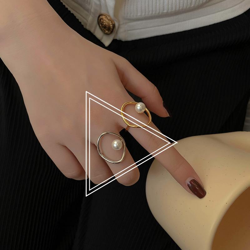 Geometric Hollow Simulated-pearl Ring for Women Silver Simple Line Open Rings Jewelry Accessory