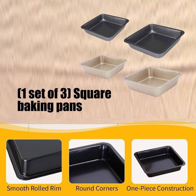 Pack of 3 Scratch Resistant Square Pan Food Grade Carbon Steel Easy Cleaning Baking Mold for Family Kitchens