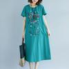 Summer Ethnic Embroidered Cotton Linen Dress Women's Vintage Loose Casual Short Sleeve Midi Dresses