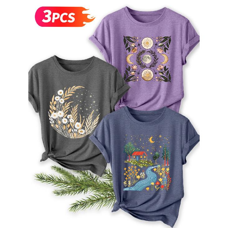 Three-piece set Starry Moon Countryside Scenery Printed Pattern Short Sleeve Vintage Round Neck T Fresh and natural style loose-fitting shirt 2026 S
