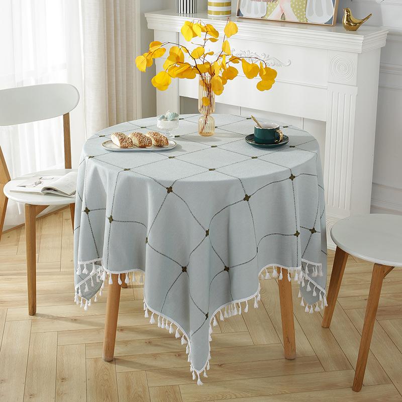 Nordic Ins Style Round Table Cloth Fringed Large Plaid Picnic Table Fabric Imitation Cotton And Linen Tablecloth Cover Cloth Spot Batch