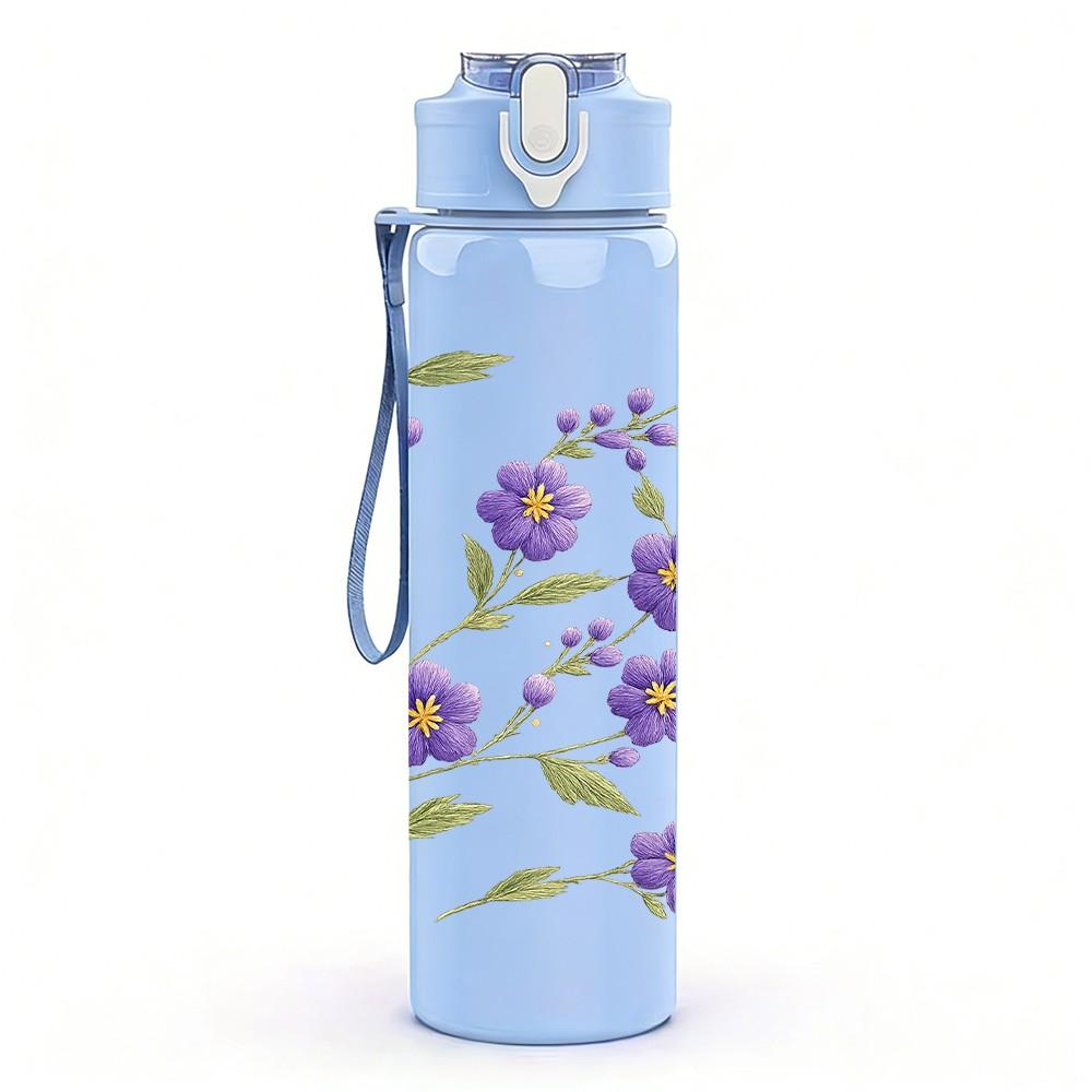 1PC Purple Lavender Small Flower Cluster Print 750ml Color Plastic Sports Water Bottle Leakproof Flip Straw Lid Suitable for Sports Office Home Use