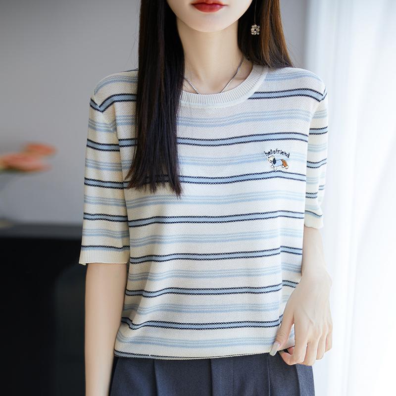Retro College Style Striped Contrasting Color Round Neck Short-sleeved Sweater for Women In Summer Thin Classic Gradient 4-color Floral T-shirt