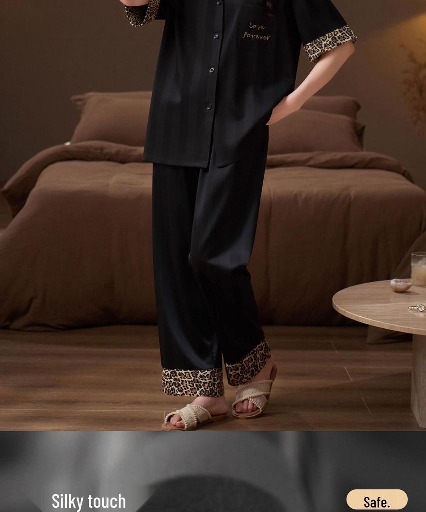 Women's Soft Ice Silk Pajama Set: Short Sleeve, Long Pants, Leopard Print, Cool, Lightweight, Luxurious Summer Loungewear.