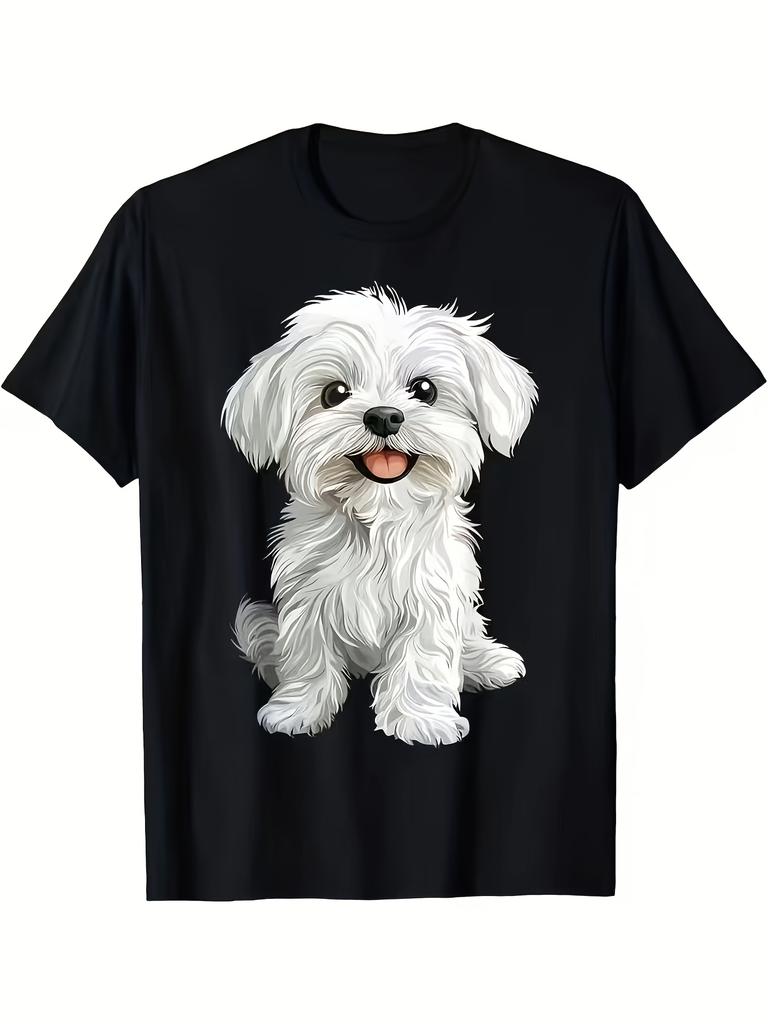 Maltese Dog T-Shirt Suitable for Men ; Women - Cute Maltese Puppy with Expressive Eyes. Soft Round Neck Casual Summer Shirt. Random Maltese Puppy Prin