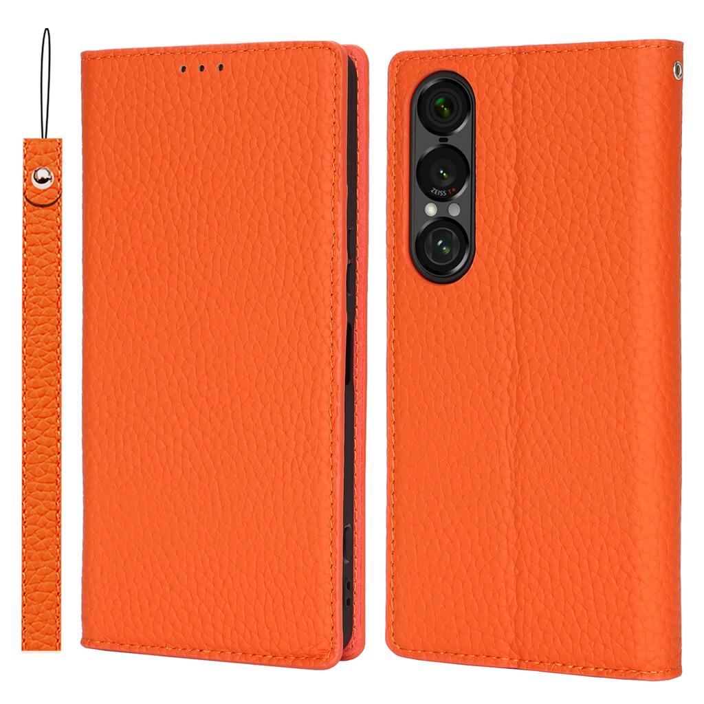 For Sony Xperia 1 VII Wallet Case Genuine Cow Leather Phone Cover Litchi Texture