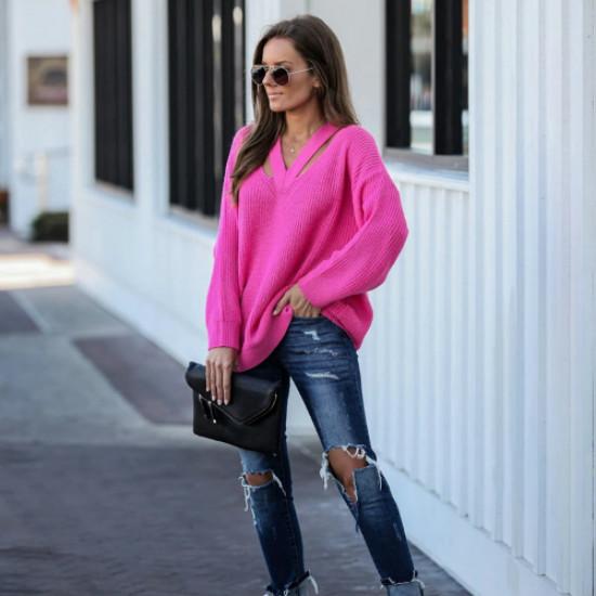 V Neck Casual Women Pulovers Sweaters Boho Holiday Knitwear Sweater Oversize Long Sleeve Solid Jumper Top