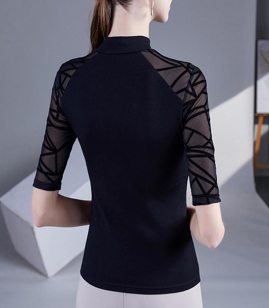 Yuoku Slim Fit Sheer Sleeve High Neck Stretch Elegant Modern Dance Mesh Short Perfect for and More Women's 5/8 Top, Blouse, Sleeve, Soft, Slimming,