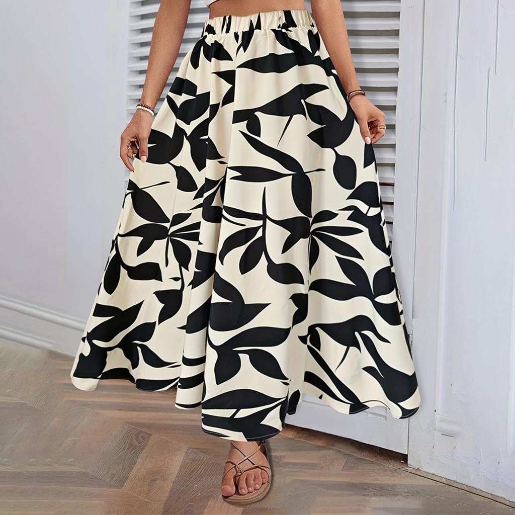 Elastic Waist Printed Long Skirt Summer High-end Temperament Commuting Drape Pleated Skirt Women's Clothing
