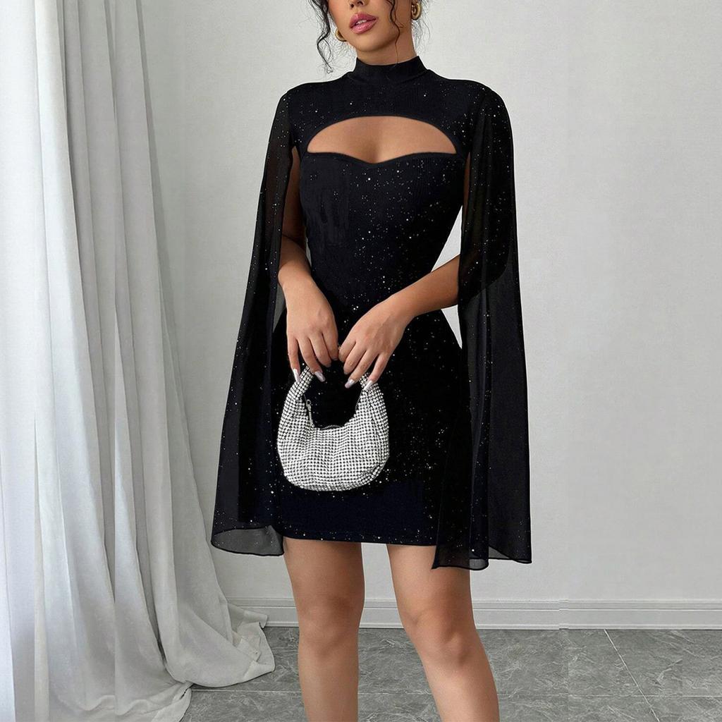 Womens Summer Round Neck Ribbed Pearl Chiffon Cape Bodycon Dress Elegant Slim Fit Mini Dress