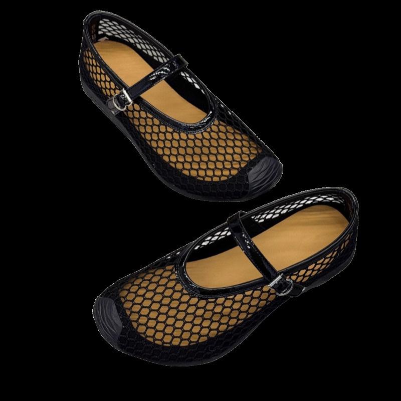 European Station Women's Summer Hollow Mesh Round Head One-word Ballet Shoes Soft Sole Comfortable and Breathable Mary Jane Shoes