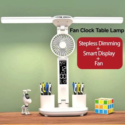 2in1 LED Table Lamp Multifunction Foldable Touch With Fan Calendar Clock USB Rechargable Desk Lamp For Room Reading Night Lights