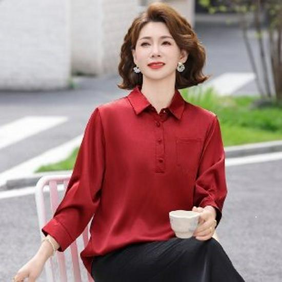 

Mom s 2026 Elegant Seven-Sleeve Shirt for Spring & Summer - Slimming Top for Middle-Aged Women (50+) 4XL вина червоного кольору