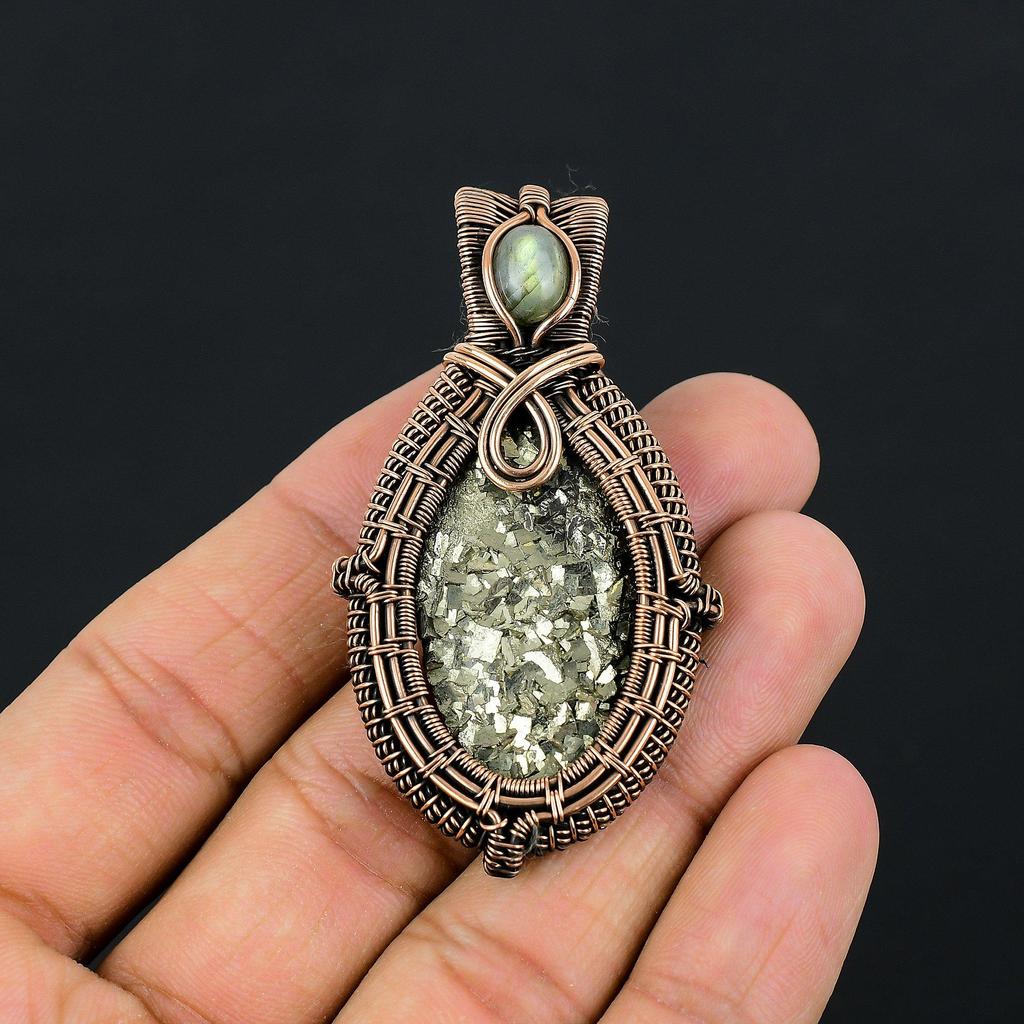 Elegant Titanium Druzy Gemstone Pure Copper Wire Wrapped Handmade Pendant Jewelry