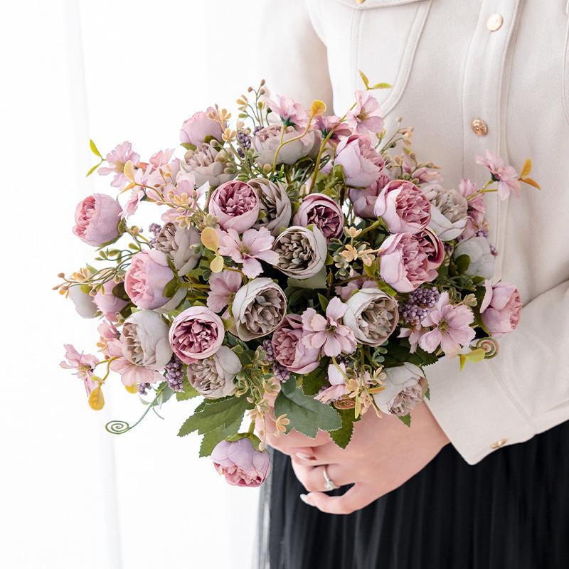Silk Artificial Flowers Tea Bud Roses Peony Decor Wedding Wall Bridal Bouquets Home Vase Fillers Garden Party Pretty Decorations