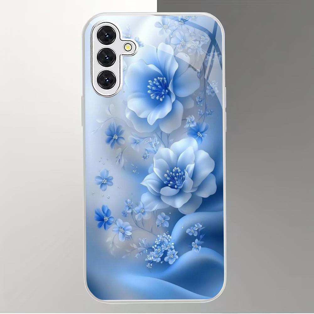 Blue flower electroplated glass phone case suitable for Samsung Galaxy S26 S25 S24 S23 S22 S20FE/Ultra/Plus anti drop back cover