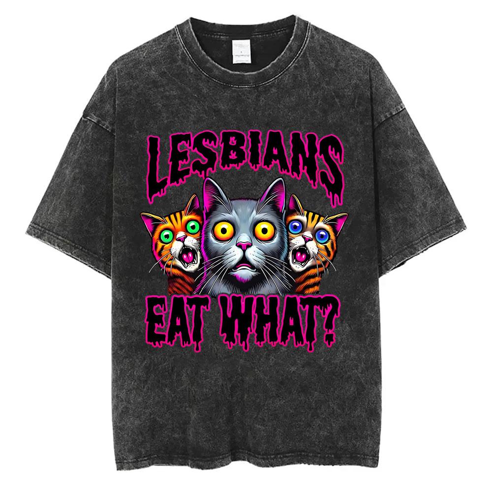 

Vintage Washed Black Cat Themed TShirt Retro Lesbians Eat What Slogan Casual Streetwear for Men Women Trendy Summer Top S