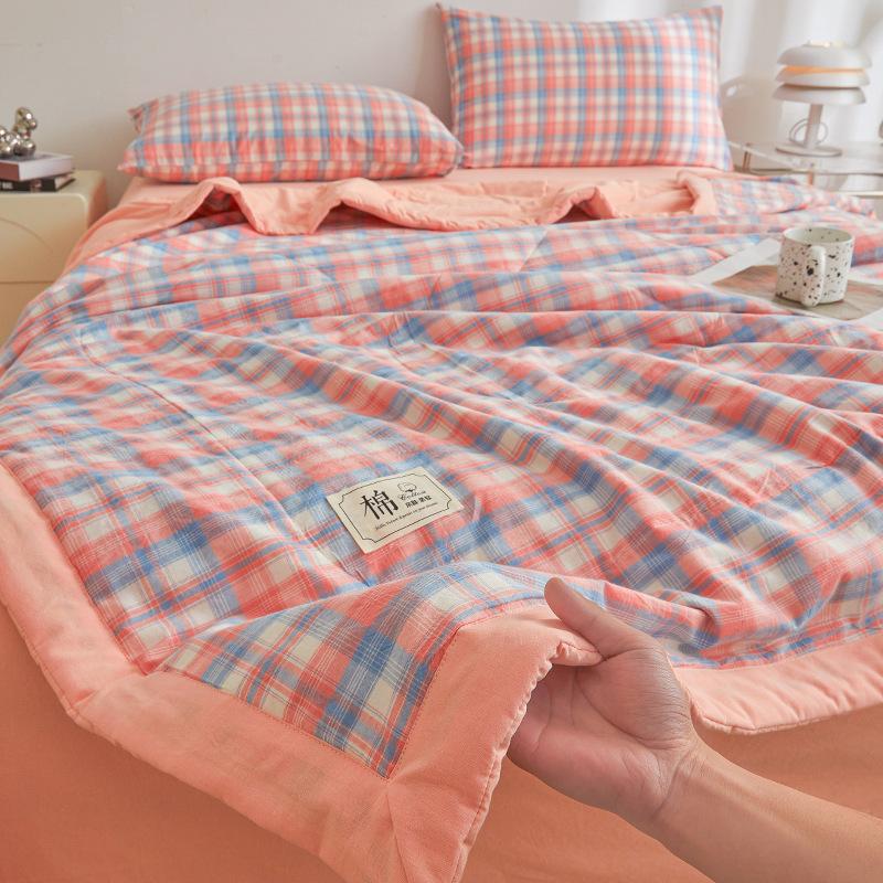 Plaid Print Washable Cotton Summer Cooling Quilt Lightweight Breathable Machine Washable for Student Dorms Single Double Beds Air Conditioner Rooms