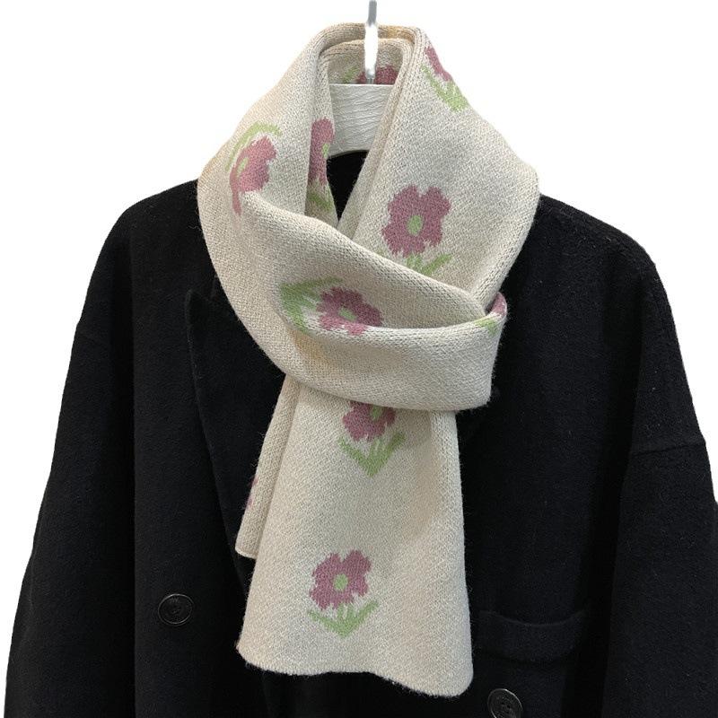 Cute little flower knitted scarf girls Korean version ins wind wool scarf versatile warm student thickened couple tide