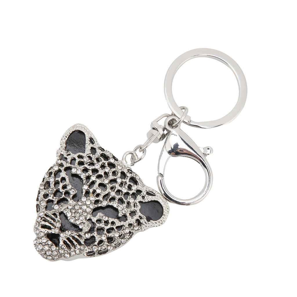 Keychain Exquisite RhinestoneEncrusted Leopard Head Car Bag Pendant for Girl Birthday Gift(Silver )