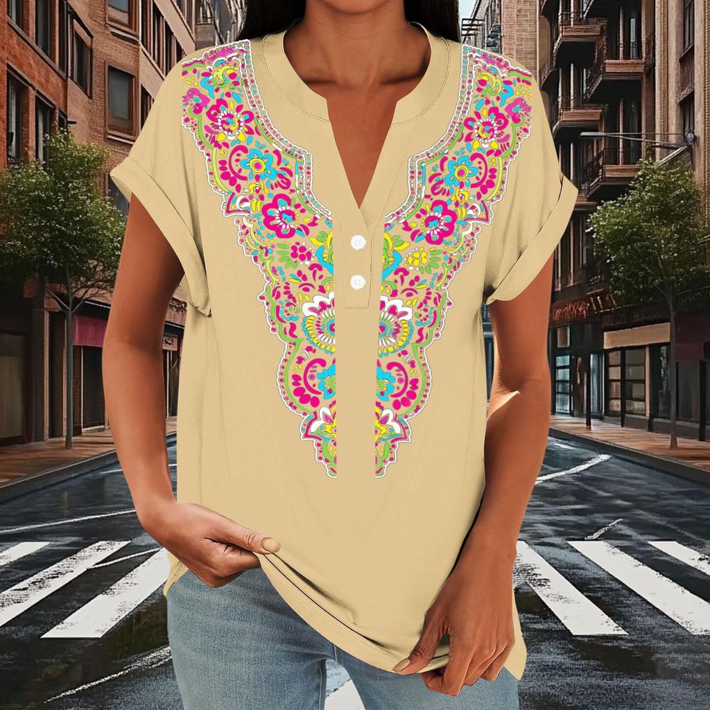Women's Casual Loose Fit Short Sleeve Button V Neck Floral Print T Shirt Top Lightweight Comfortable Summer Blouse