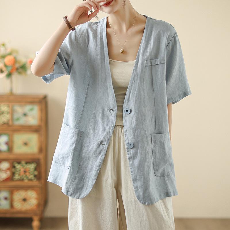 2026 Women s Summer Cotton-Linen Short-Sleeve Cardigan Jacket M