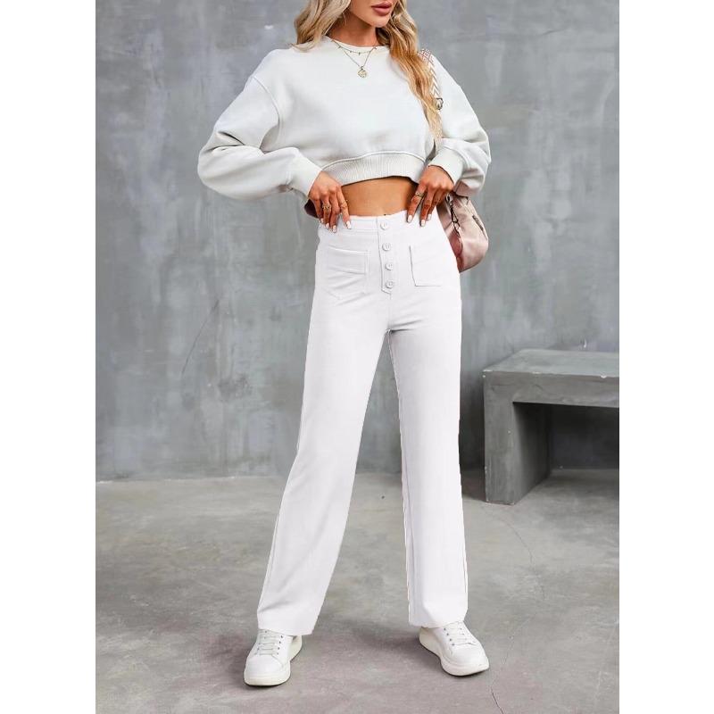 

Весенне-осенние женские повседневные свободные прямые брюки с высокой талией и карманами на пуговицах XXL