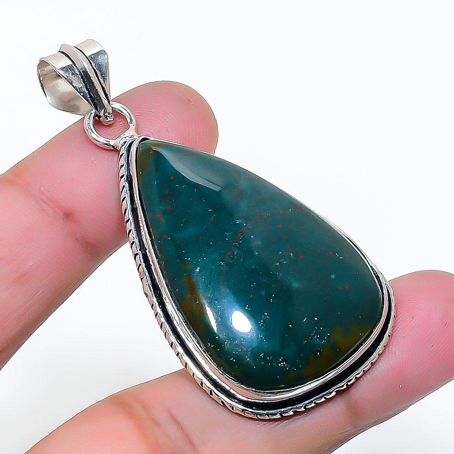 Natural Bloodstone Gemstone Handmade 925 Sterling Silver Pendant 2.17" AP-15862