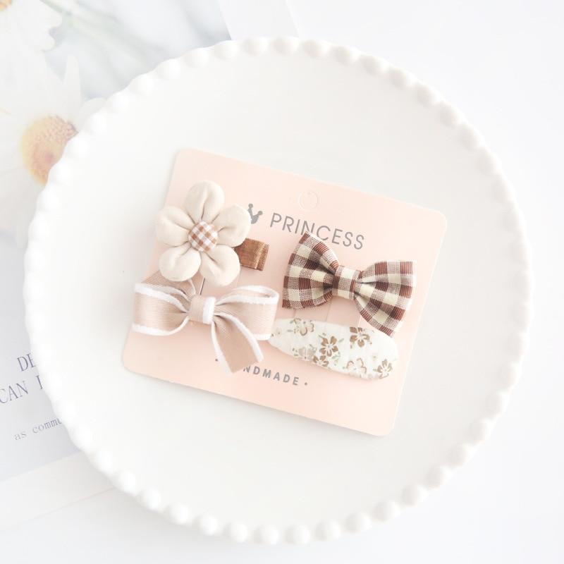 4pcs Toddler Girl Hair Clip Retro European Style Milk Tea Color Bow Floral Kids Hairpin Lovely Bang Side Clip Hair Accessories