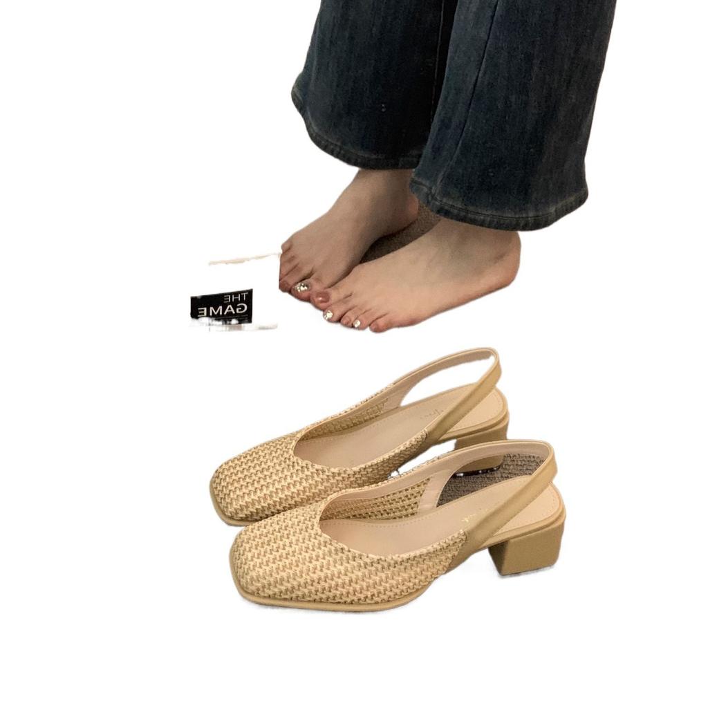 Spät Abendwind dicker Absatz Nische gewebte Bohème-Tasche Kopf Sandalen Feenschuhe 2025 Frühling und Sommer Urlaub leer einzelne Schuhe