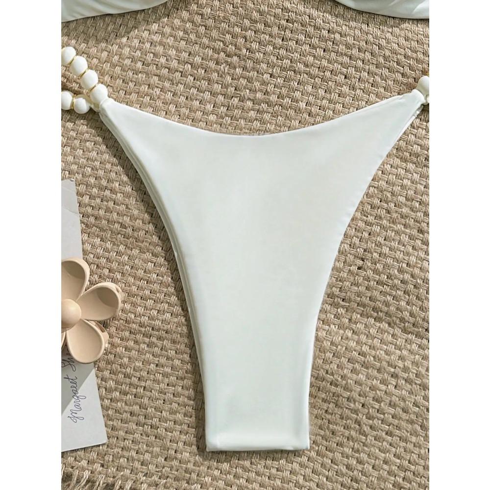 Bikini Alb Sexy 2025 Femei Femei Fundă Față Push Up Perle Tanga Costum de Baie Costum de Baie de Vară Costum de Baie Două Piese Biquini