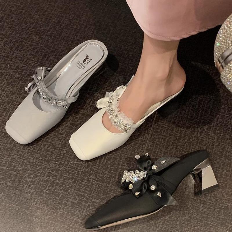 Summer High-heeled Bag Head Half Slippers Women's New Outer Wear Bow Mary Jane Thick Heel Square Head Niche Half Drag
