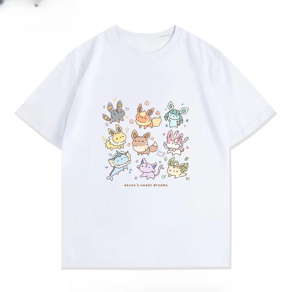 Miniso Pokémon Anime Peripheral Qversion Printed Cotton Tshirt Mens and Womens Loose Harajuku Casual Short Sleeved Top