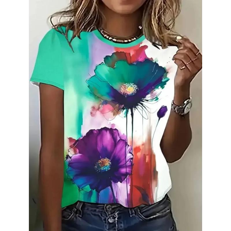 Modisches Damen-T-Shirt mit Rundhalsausschnitt, 3D-Farbdruck