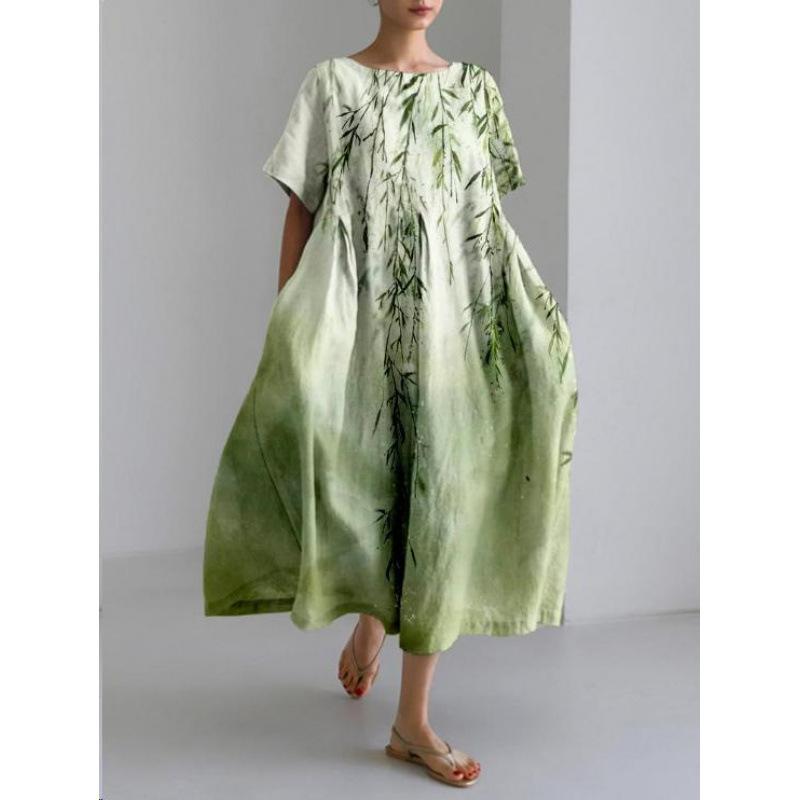 Damen Sommer Übergröße Gestreiftes Print Maxikleid, Lässiges Lockeres Rundhals Kurzarm Oversized A-Linien-Kleid