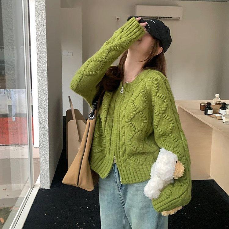 

Корейский винтажный свитер-пальто на молнии с косами, женский осенне-зимний свитер с круглым вырезом, свободный вязаный кардиган с ромбами, короткий топ XL зелёный
