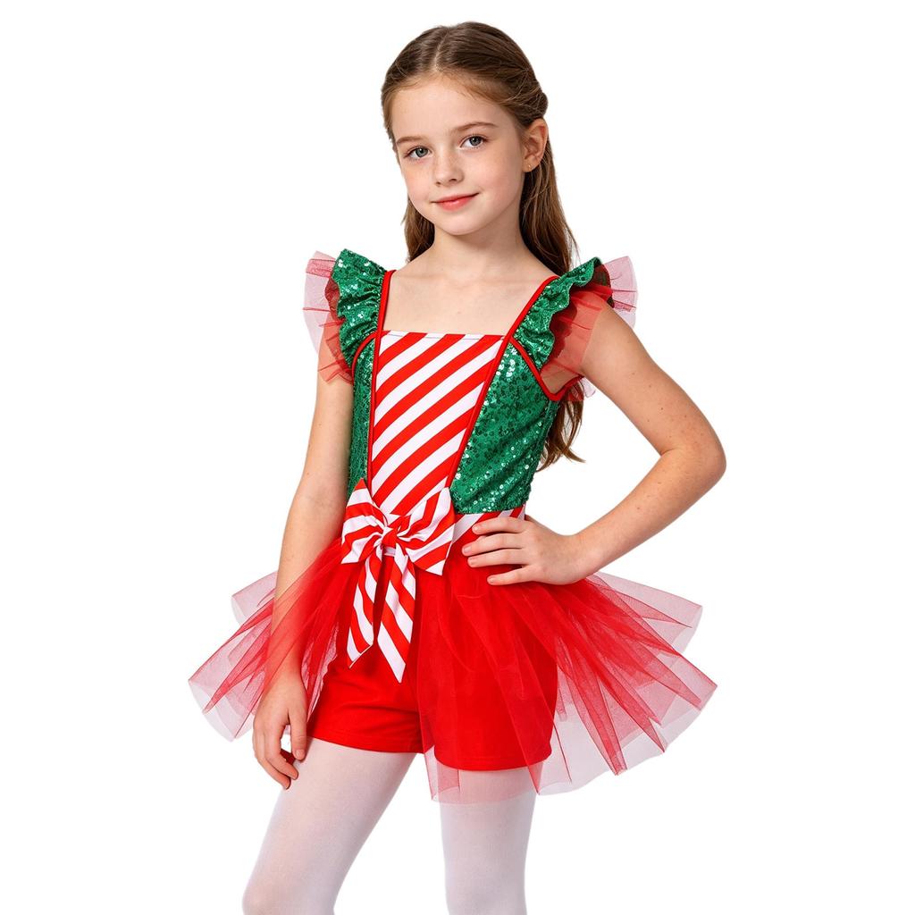 Sequins Candy Cane Stripe Tulle Dress for Girls Ruffle Sleeves Bowknot Built-in Shorts Christmas Stage Theme Party Costume