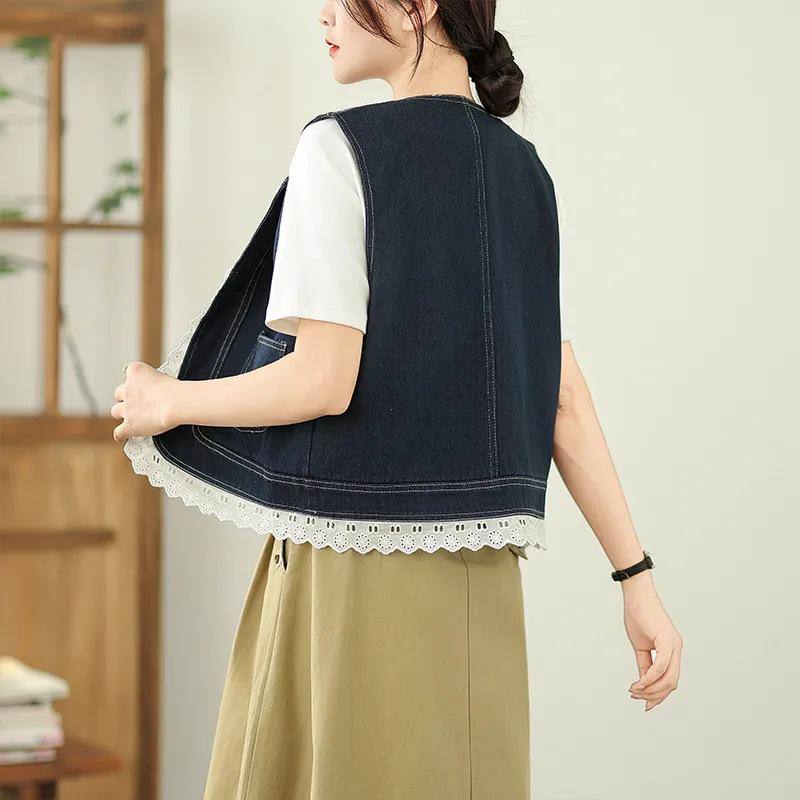 Women's Plus Size Lace Denim Vest - Lightweight, Fashionable, Slimming Short Jacket