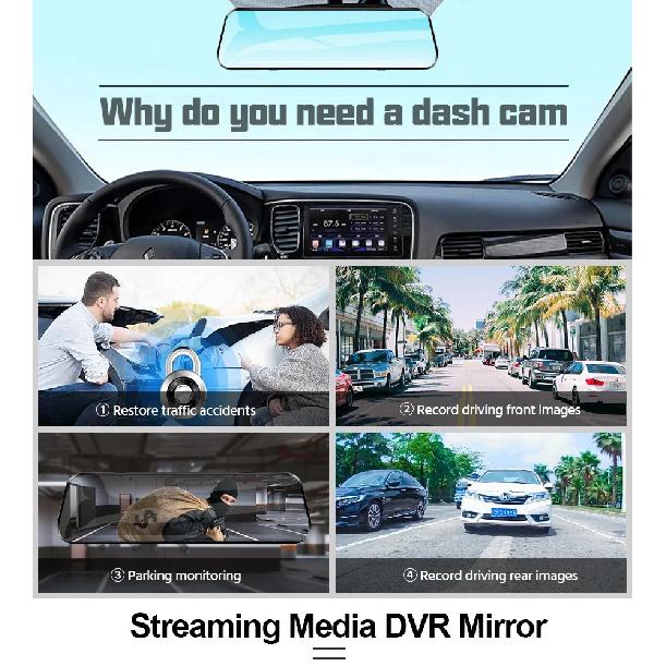 10'' Rearview Mirror Dash Cam Front & Rear 1080P Dual Recording, Backup Camera, 24H Parking Monitor, Night Vision for Cars