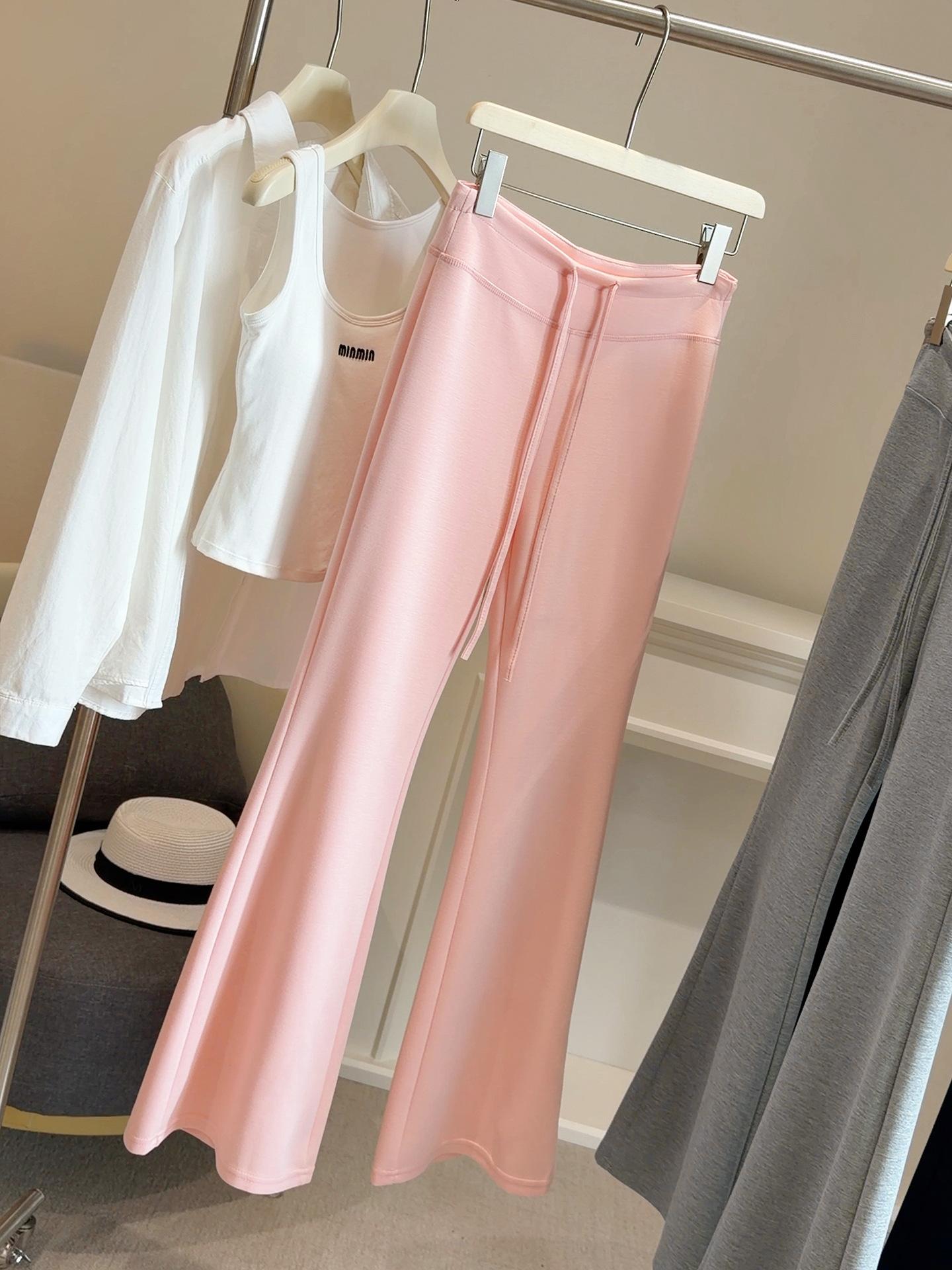 Women s Elastic Waist Flare Pants High Waist Yoga Sweatpants High Stretch Solid Color Drapey Casual Bell Bottom Trousers S розовый