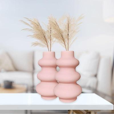 New Ceramic 'Baby Pink Triple Ring' Vase 8 Inch - Set of 2 | Decorative Triple Ring Vase for Dried Flowers and Pampas Grass | Vases for Home Decor