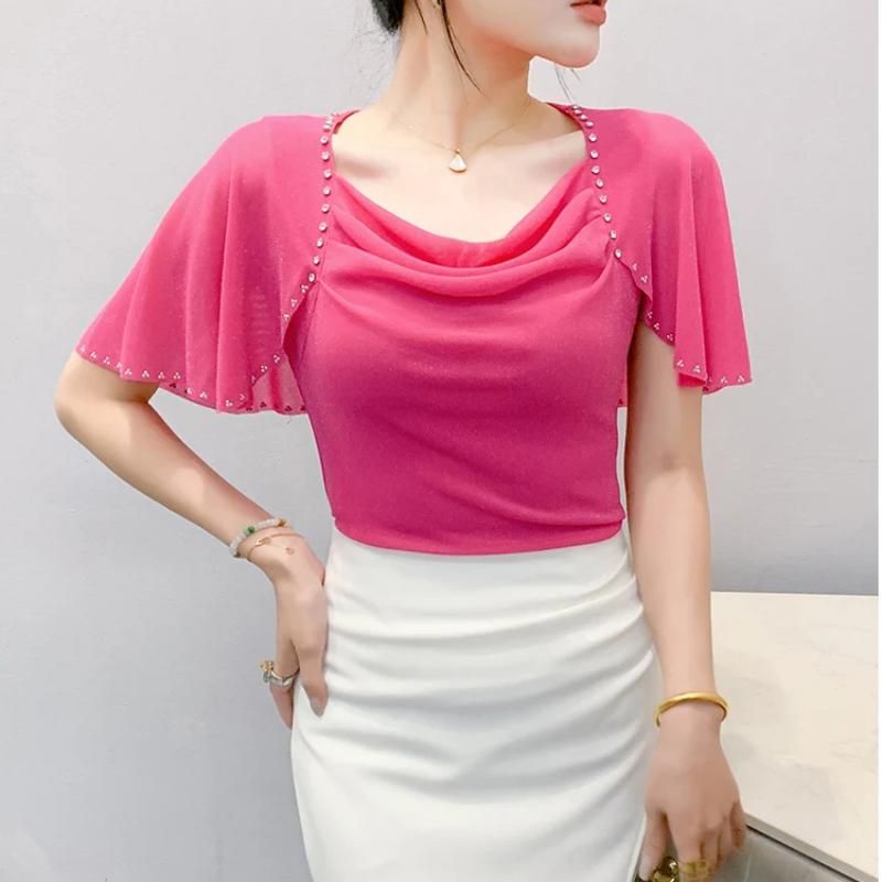 New Fashion Women's Chic Butterfly Sleeve Hot Diamonds Summer T-shirt Sexy Square Neck Slim Mesh Tops Elegant Female Tees