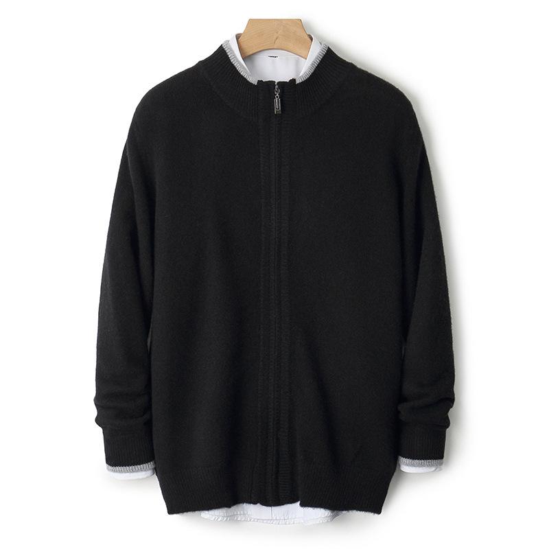 

Men s 100% Wool Color Block Zipper Cardigan, Half-High Collar, Thickened, Business Knit Sweater for Autumn/Winter. M чёрный
