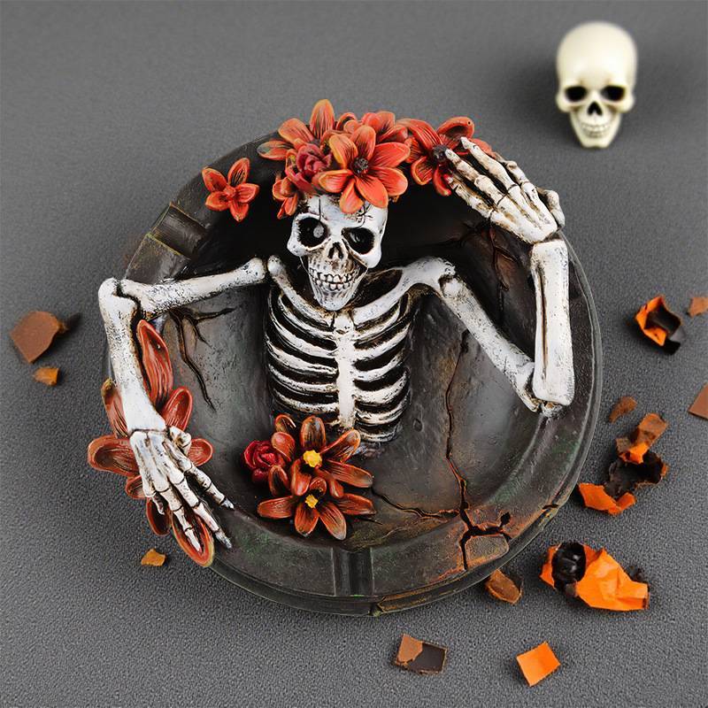 Resin Skull Ashtray With Flower Decor Modern Home Office Gift For Adults