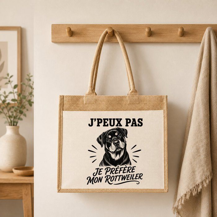 Sac Cabas Jute avec Poche J’peux pas je préfère mon Rottweiler J'peux pas minimaliste | Toile de Jute et Coton 21 L Fond Plat Anses