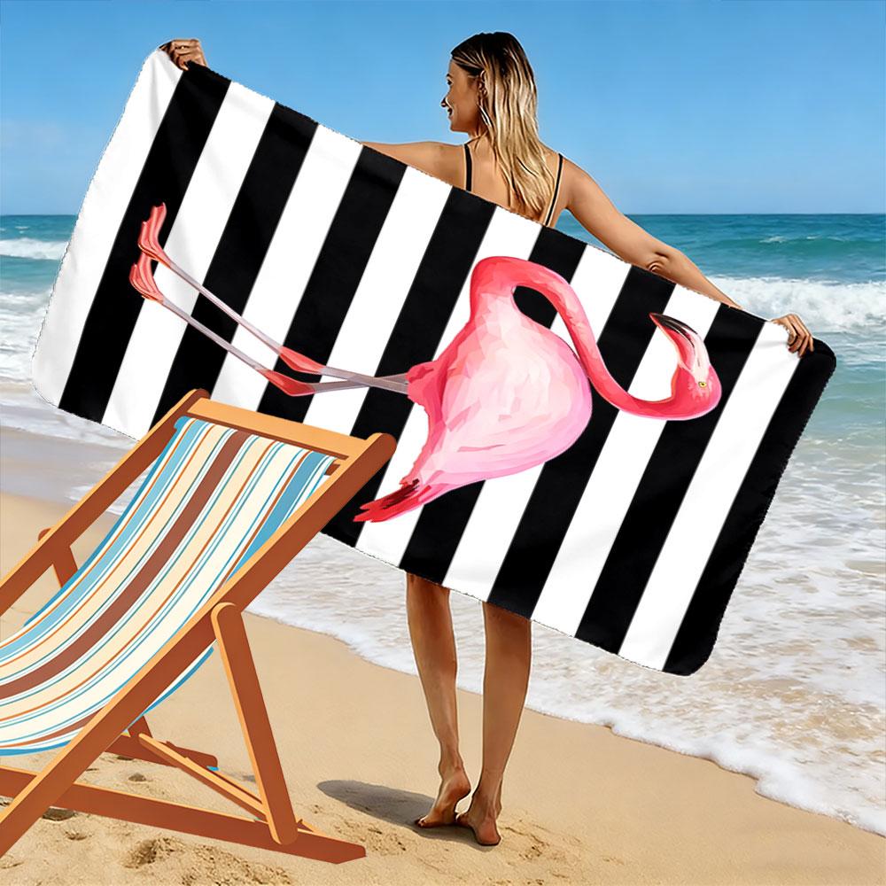 Pink Flamingo on Striped Background Beach Towel Quick-drying for Travel Outdoor Sports Jogging Beach and Swimming
